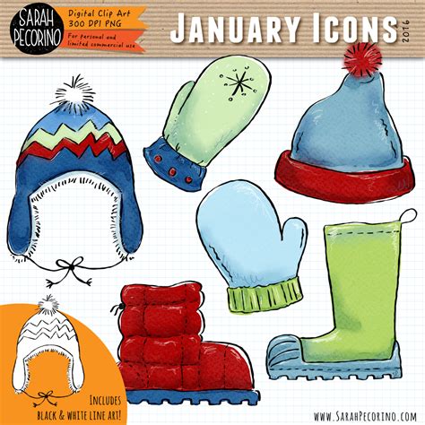 Sarah Pecorino Illustration Clip Art Set January Calendar Icons