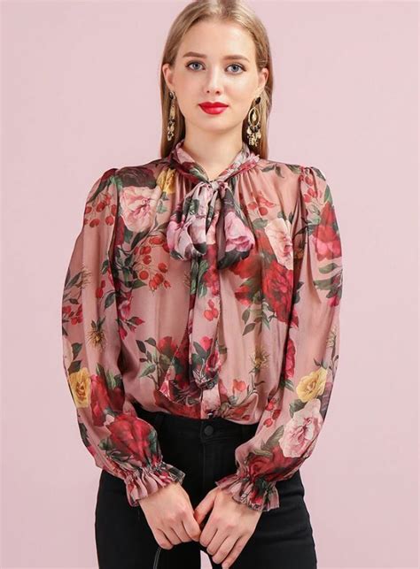 Silk Blouses For Women Printed Rose Bowtie Necktie Fashion Blouses