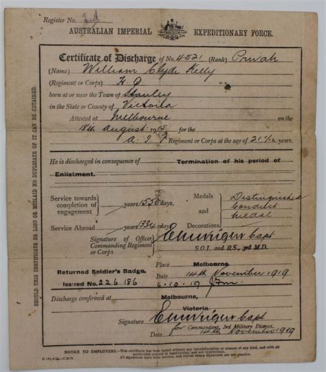 Certificate Certificate Of Discharge Wwi War Service 4521 Pte William