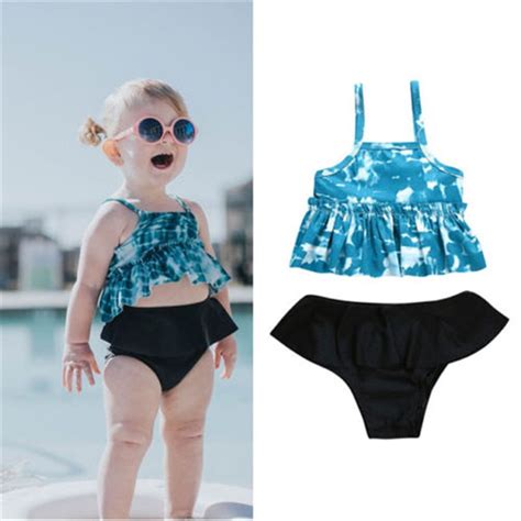 New Kid Baby Girls Blue Ruffles Tankini Clothes Set Swimwear Bathing