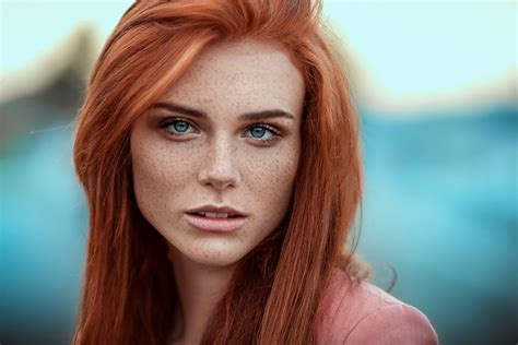 Red and blonde highlights on short hair. women blue eyes freckles redhead looking at viewer face ...