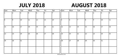 Calendar July August 2018 Printable Template Free Download Printable