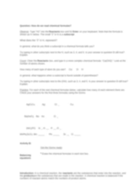 Check your answers and then write the balanced equations. Student Exploration- Chemical Equations (ANSWER KEY).docx ...