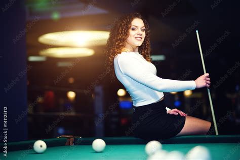 Young Curly Girl Posed Near Billiard Table Sexy Model At Black Mini