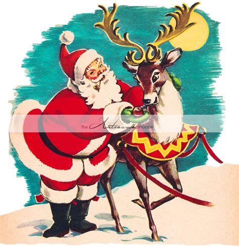 vintage santa claus with reindeer christmas image digital etsy