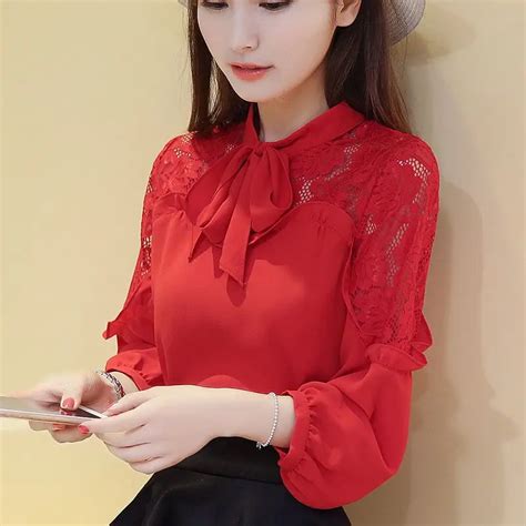 red chiffon blouse women spring autumn long sleeve elegant ladies lace office shirts korean