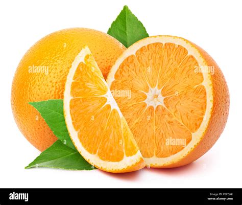 Perfectly Retouched Orange With Half Slices And Leaves Isolated On