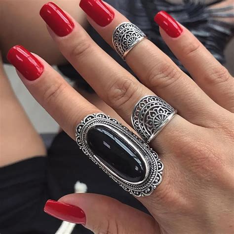 Ravimour Punk Knuckle Rings Women Antique Silver Color Female Ring Set