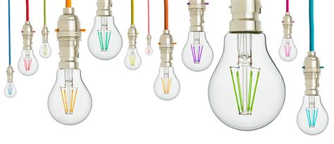 Multi Coloured Light Bulbs Hanging From Coloured Cord Stock Photo