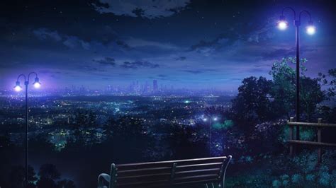 Anime Night Cityscape From A Bench Wallpaper Backiee