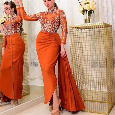 2019 Aso Ebi Arabic Orange Sexy Evening Dresses Beaded Crystals