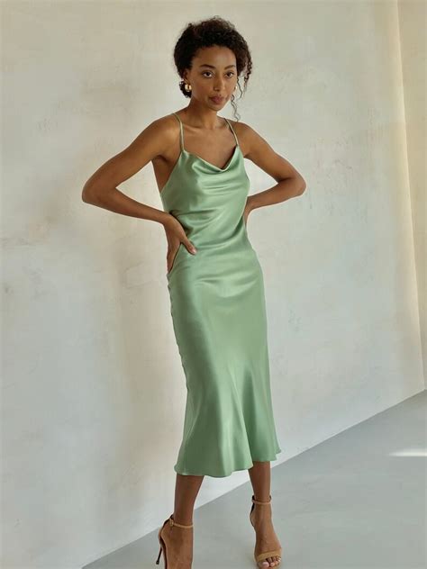 Sage Silk Slip Dress Midi Bias Cut Cowl Neck Silk Bridesmaid Etsy