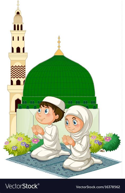 Two Muslim Kids Praying At Mosque Vector Image On Vectorstock Islamic