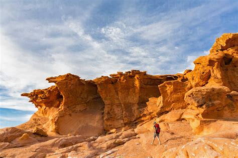 Usa Nevada Little Finland Hiker In Front Of Sandstone Rock