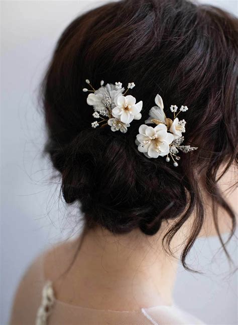 Floral Ivory Bridal Hair Pins Creamy Blossom Hair Pin Set Of 2 Style 925 Twigs And Honey