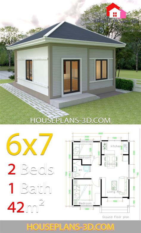 Simple House Plans 6x7 With 2 Bedrooms Hip Roof House