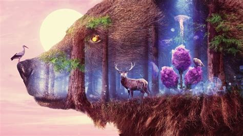 Fantasy Forest Animals Deer Bear Nature Digital Art 4k 4552