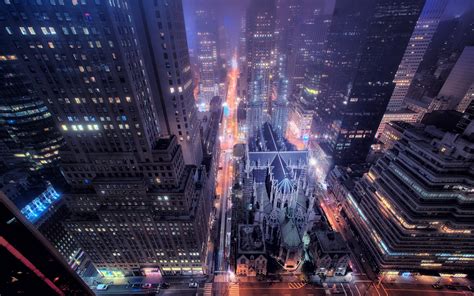 New York City Night View Street Buildings Skyscrapers Lights Usa