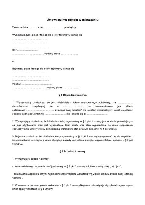 Darmowa Umowa Najmu pokoju - wzór