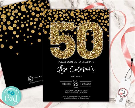 Diy 50th Birthday Confetti Invitation Printable Template Black Gold