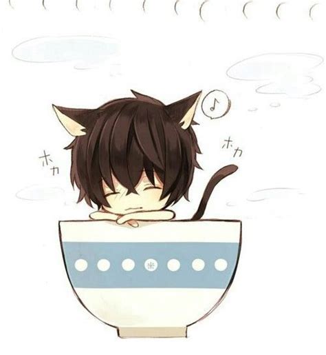 Anime Boy Chibi Cute Bowl Happy Cat Ears Cat Tail Neko Singing Anime