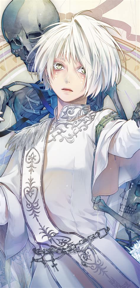 Download 1440x2960 Anime Boy Skeleton White Hair Gloves Flowers