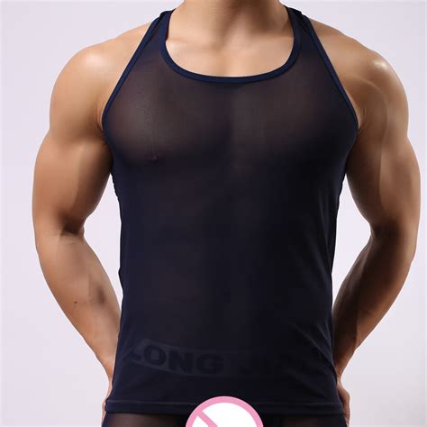 Mens Tank Tops Sexy Mesh Fitness Vest Man Sheer Tops See Through Male