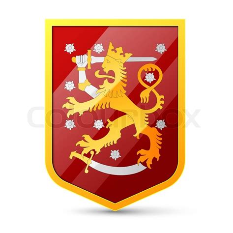 A crowned lion rampant on a red field holding a raised sword in an armoured hand replacing the animal's right front leg, and trampling a sabre with its hind legs; Coat of arms of Finland | Stock vector | Colourbox