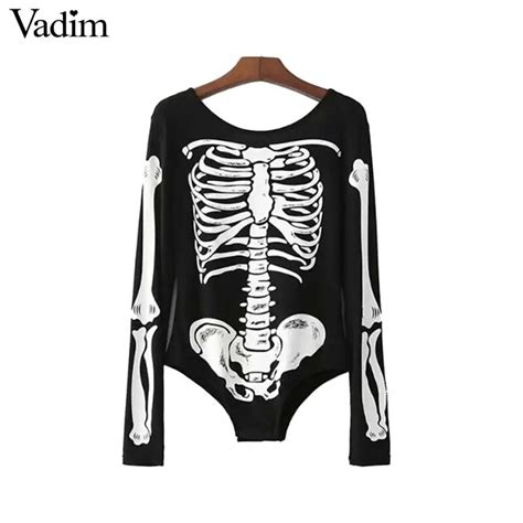 Vadim Women Skeleton Pattern Bodysuits Elastic Long Sleeve O Neck Chic Playsuits Ladies Stretchy