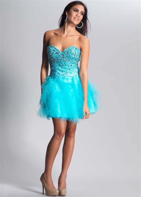 Short Turquoise Cocktail Dress With A Tulle Skirt And Chunky Beaded Top