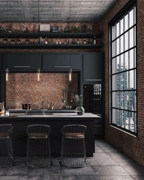 Moody Kitchen With Black Cabinets And Gold Touches Industrial Kitchen