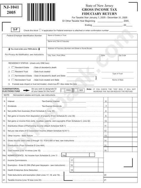 Form Nj 1041 Gross Income Tax Fiduciary Return 2005 Printable Pdf