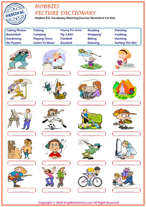 Hobbies Esl Printable Picture Dictionary Worksheet For Kids Image