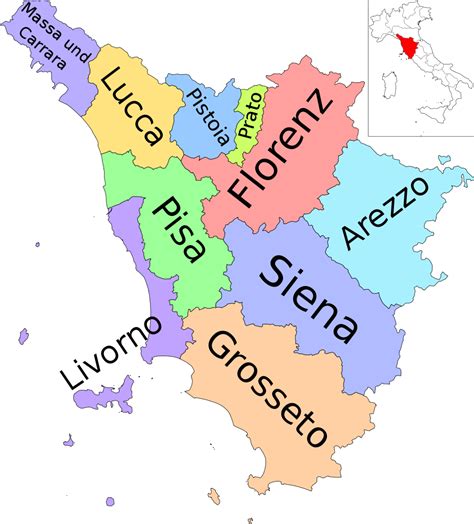 A map of italy's 20 regions and the provinces and municipalities within them reveals the best place for a plate of spaghetti, a glass of chianti, or a glimpse of the. File:Map of region of Tuscany, Italy, with provinces-de ...