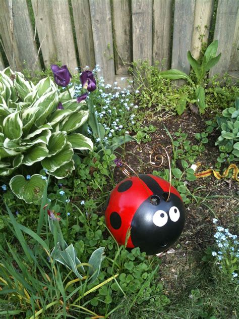 Upcycled Bowling Ball Into Garden Art My Lady Bug Bowling Ball Garden