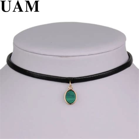 Newest Fashion Imitation Leather Choker Necklaces Green Oval Triangle