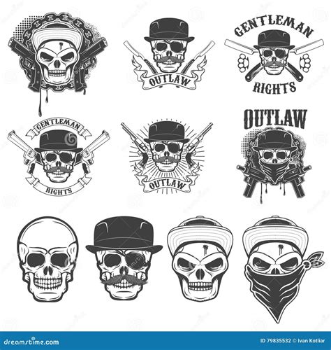 Set Of Gangsta Skulls On White Background Outlaw Win Cartoon Vector