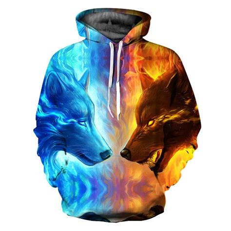 Ice Fire Double Wolf Head 3d Digital Printing Hooded Couple Hoodie