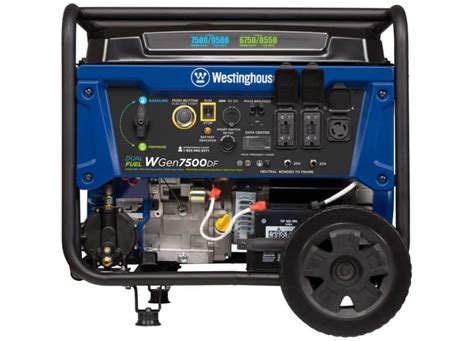 Producing 12,500 peak watts and 9,500 running watts using gasoline as well as 8,550 peak watts and 6,750 running watts using propane (lpg), this. Westinghouse WGen7500DF 9500W Dual Fuel Generator: Spec ...
