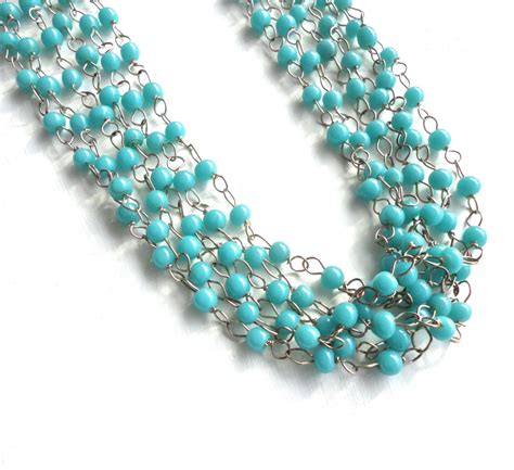 Long Turquoise Necklace Multi Strand Beaded Teal And Silver