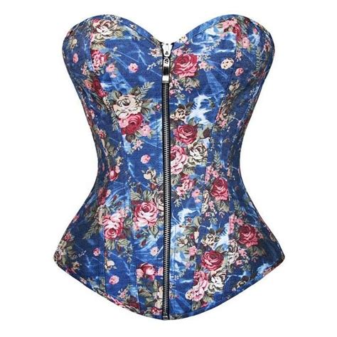 Blue Denim Corset With Floral Print And Zipper
