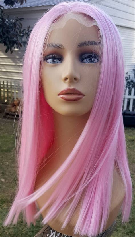 Pink Lace Front Wig Pink Wig Mid Length Pink Wig Light Pink Etsy Uk