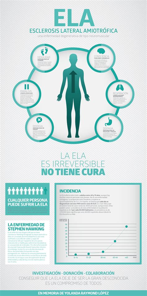 La esclerosis lateral amiotrófica es una enfermedad que causa pérdida progresiva de la fuerza y atrofia de los músculos, llevando a la muerte en cerca en este artículo vamos a explicar lo que es la esclerosis lateral amiotrófica, cuáles son sus causas y factores de riesgo, sus síntomas, cómo se. #Infografia #Curiosidades ELA Esclerosis Lateral ...
