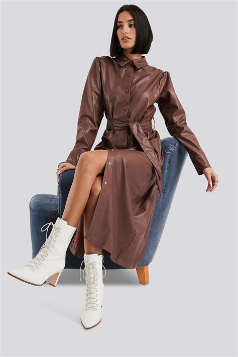 Faux Leather Belted Shirt Midi Dress Brown Na Kd