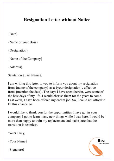 Explore Our Example Of Resignation Letter Without Notice Template