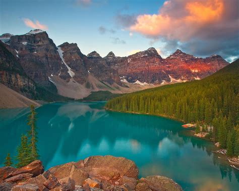 720p Free Download Sunrise On Moraine Lake Canada Forest Trees Sky
