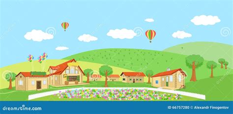 Vector Country Landscape With Villages Summer Illustration Stock