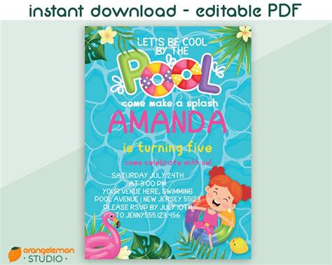 Instant Download Pool Party Girl Birthday Invitation Etsy