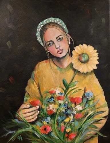 Daily Paintworks Girl With A Sunflower Original Fine Art For Sale
