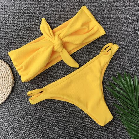 2018 New Women Bandage Bikini Set Sexy Yellow Push Up Padded Bra Swimsuit Bathing Suit Swimwear